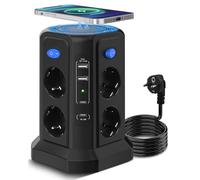 Multiprise 13 en 1 3 m avec charge rapide USB C PD 20 W, charge magnétique, tour de prise 8 prises, 4 interrupteurs individuels et protection contre les surtensions, pour la maison, le bureau