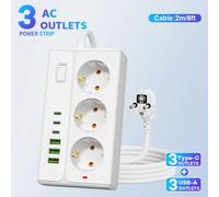 Multiprise 2026 Nouveau Modèle / Dernière Version, 3 prises Schuko AC, 3 ports USB-A, 3 ports Type-C, charge rapide 2.1A, puissance max 2500W, prise murale cubique EU / rallonge BLANC