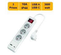 Multiprise 3 prise avec interrupteur + 1xUSB A - 1xUSB C