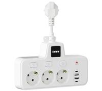 Multiprise 3 Prises avec 4 Ports USB C/A, Chargeur Secteur 7 en 1 avec Lampe Tactile de Nuit 3 Niveaux, Interrupteurs Individuels, Prise Murale Câble Court pour Maison Bureau Blanc