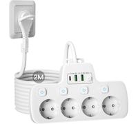 Multiprise 4 Prises avec Fiche Plate, Bloc 4 Prises,Multiprise Murale avec Interrupteur Individuel Prise Multiple USB C,Sécurité Enfant Prise Plate Derriere Meuble Rallonge électrique 2 M, Blanc