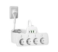 Multiprise 4 Prises avec Fiche Plate, Multiprise Plate Derriere Meuble | Bloc Prise Murale avec Interrupteur Individuel,Prise Multiple USB C Extra Plate,Sécurité Enfant,Rallonge électrique 2 M,Blanc