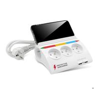 FISHTEC - Multiprise 5 Prises Couleurs avec 2 Ports USB 2.1A - Support Smartphone - Interrupteur et Protection Surcharge - Pieds antidérapants - Cable 1.5 m - Blanc