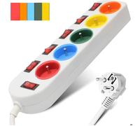 FISHTEC - Multiprise Électrique 5 Prises Couleur - Interrupteurs Individuels + Interrupteur Général Câble 150 cm Stickers Organisation Câbles ABS Normes NF - Usage Bureau Salon Gestion Énergie