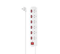 Multiprise, 6 prises, prot. ctre surt., 90°, régl. indiv., 1,4m, blche