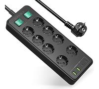 Multiprise 8 Prises avec 2 Interrupteur Individuel, Multiprise Parafoudre et Surtension, Bloc Prise Multiple 4 USB Chargeur, Power Strip Murale Parasurtenseur, Rallonge Electrique 1,5M Câble, Noir