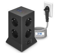Multiprise 8 prises avec 4 adaptateurs USB C, protection contre les surtensions, tour de prise avec interrupteur, répartiteur d'alimentation avec câble de 2 m, pour bureau et maison, noir (3 m)