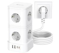 Multiprise 8 prises avec USB-C 20 W PD et protection contre les surtensions (3680 W/16 A) - 8 prises + 4 USB avec interrupteur principal - Câble VDE de 2 m pour la maison - Blanc