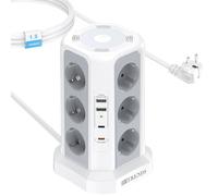 Multiprise à 12 prises, avec 2 ports USB-A et 2 ports USB-C, 4000 W, LED, avec interrupteur, câble de 1,8 m, tour de prise avec parasurtenseur (blanc)