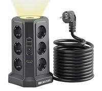 Multiprise à 12 prises, avec 2 ports USB-A et 2 ports USB-C, 4000 W, LED, avec interrupteur, câble de 1,8 m, tour de prise avec parasurtenseur (noir)