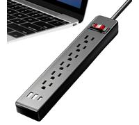 Multiprise avec Cordon Long - Station de Recharge 6 Prises - Cordon Extension 1.5 Metres avec Plate 2 Ports USB et 1 Port - pour Bureau, Mur, Camping-Car, Ordinateurs et Appareils Électroniques