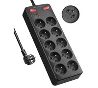 Multiprise avec Interrupteur, 10 Prises Françaises avec Terre 16A 2P+T,Bloc Prise Multiple Charge Rapide PD20W, 2100J Parafoudre et Surtension,Cuisine et Bureau Rallonge Electrique 2 M Câble, Noir
