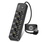 Multiprise avec interrupteur 3M, 5 prises Multiprise Electrique avec 2 USB-A et 1 USB C, Prise Multiple Parafoudre Parasurtenseur pour Bureau/Cuisine, noir(3M)