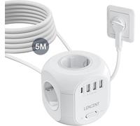 Multiprise avec Interrupteur Cube Secteur 4 Prises, 3 USB et 1 Type C, Multiprise USB Parafoudre et 4 Interrupteurs Rallonge Electrique 5M Câble la Maison et au Bureau