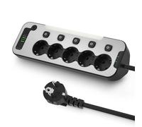 Multiprise avec Interrupteur Individuel, Prise Multiple Murale 5 Prises, Multiprise Electrique de Bureau en métal avec Veilleuse, Bloc Prise Cuisine d’Angle Parafoudre et Surtension, 2 M Câble, Noir