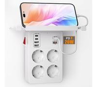 Multiprise avec Interrupteur, Prise Multiple Murale avec Charge Rapide PD20W et QC18W, Multiprise 4 Prises 6 USB Chargeur, Adaptateur Electrique avec Support de Téléphone, Blanc