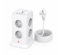 Multiprise avec Interrupteur, Tour 8 Prises USB 3.4A, câble 2m Blanc 3680W | Design vertical gain de place, parafoudre anti-surtension, adapté maison et bureau