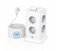 Multiprise avec Interrupteur, Tour 8 Prises USB 3.4A, câble 5m Blanc 3680W | Design vertical gain de place, parafoudre anti-surtension, adapté maison et bureau