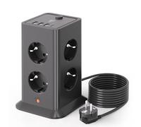 Multiprise avec Interrupteur, Tour 8 Prises USB 3.4A, câble 5m Noir 3680W | Design vertical gain de place, parafoudre anti-surtension, adapté maison et bureau
