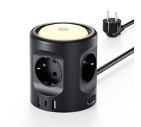 Multiprise avec lumière 4 Prises + 3 USB, Protection S.O., Cube 3 Modes écl., 2 m, rallonge Maison-Bureau, 16 A