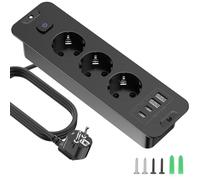 Multiprise avec USB, 3 Compartiments multiprises avec 2USB et 2 Type-C, 7 n 1 Adaptateur de Prise avec 2M de câble d'extension 250V/16A, Plaque Murale Prise pour Bureau, Maison Noir