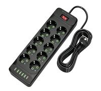 Multiprise avec USB C 2M, Bloc Multiprise 10 Prises avec USB C, Multiprise 10 Prises avec Protection Contre Les Surtensions, Bloc Prise avec Interrupteur pour Maison