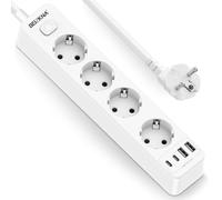 Multiprise avec USB C, 8 en 1 Rallonge Multiprise Multiple 4 USB Montage Mural Multiprise de 4 Prises avec Protection, Chargeur Multiple 4 000 W avec Interrupteur, 1,8 M Câble 1,5 mm², Blanc