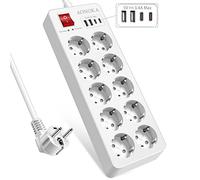 Multiprise avec USB C, Multiprise Electrique avec Interrupteur, Bloc 10 Prises Schuko Parafoudre et Surtension, Prise Multiple avec 4 Ports USB, Protection Enfant, Rallonge Câble 1,5 m, Blanc