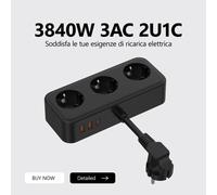 Multiprise de 3840W avec prise UE 2 ports USB-A et prise de charge rapide Type-C adaptateur de prise électrique 250V 16A avec câble d'extension-2 USB 3AC