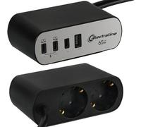 Electraline Electradock 62584 Bloc multiprise de Bureau 2 Prises Schuko + 4 USB (1 USB A + 3 USB C PD65W) Câble 2 m Multiprise de Table