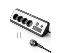 Multiprise de bureau, 4 prises, avec USB et 2 types C, 16 A, 3680 W, avec 2 interrupteurs, protection contre les surtensions avec LED, multiprise pour cuisine, bureau, noir