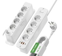 Multiprise de bureau rétractable avec 8 prises et 2 USB C PD 20 W, prise de table encastrée avec interrupteur, câble de 2 m, blanc