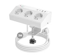 Multiprise de Bureau STGAROT avec 3 Prises Secteur, 4 Ports USB (Dont USB-C PD 20W) Interrupteur, Câble 3m et Protection Anti-Surtension 4000W/16A Max pour Bureau/Maison