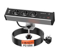 Multiprise de Table à 3 Prises avec 2 USB C GaN PD 65 W, multiprise de Bureau avec Interrupteur, câble de 3 m, 16 A