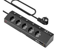 Multiprise de table avec 2 ports USB C (PD 30 W) - Multiprise 5 prises avec interrupteur - Multiprise avec USB - 4000 W/16 A - Avec câble de 2 m - Pour la maison, le bureau et les voyages - Noir - 2 m