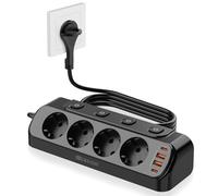 Multiprise de table avec USB, distributeur de prises 8 en 1 avec connecteur plat avec câble de 2 m pour smartphones, 4 prises commutables individuellement, 2 USB-C, 2 USB-A, barrette de prises de