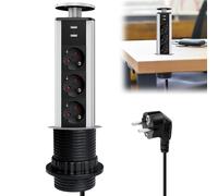 Multiprise de table escamotable avec 2 ports USB, 3 prises escamotables, 60 mm, avec câble de 2 m, multiprise encastrable, pour plan de travail, bureau, cuisine
