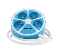 Multiprise design circulaire - CHACON - 4X16 A - Cordon 1,5 m - Avec 2 USB-A + Interrupteur - Bleu