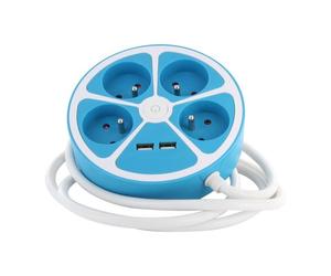 Multiprise design circulaire - CHACON - 4X16 A - Cordon 1,5 m - Avec 2 USB-A + Interrupteur - Bleu