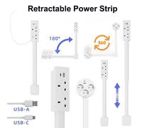 Multiprise d'extension de prise de courant, 2 prises AC, 1 USB A, 1 USB C, Plug and Play, rotative à 180 degrés, polyvalente pour canapé EU-Square 2