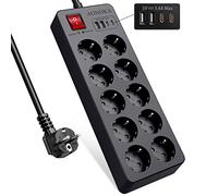 Multiprise Electrique 10 Prises avec Interrupteur, Multiprise Parafoudre et Surtension, Bloc Prise Multiple Murale avec 4 Ports USB, Protection Enfant, Rallonge Câble 1,5 m, Noir