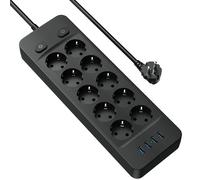 Multiprise Electrique 4000W Multiprise 10 Prises avec 4 Ports USB Bloc Multiprise Parafoudre Surtension avec Interrupteur Câble 2M