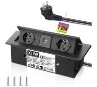 Multiprise Electrique Aluminium Prise Encastrable Plan de Travail 2 Prises et USB A, 3500W/16A, Noir, 1.8M Câble