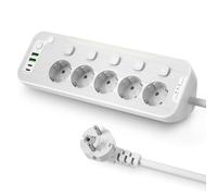 Multiprise Electrique avec Interrupteur Individuel, Prise Multiple Murale 5 Prises, Multiprise Bureau en Métal avec Veilleuse, Bloc Prise Cuisine d’Angle Parafoudre et Surtension,2 M Câble, Blanc