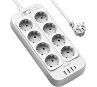 Multiprise Electrique,Bloc Multiprise 8 Prises(3680W 16A) avec 4 Ports USB Chargeur (3 USB A+1 USB C) Prise Multi Parasurtenseur Parafoudre et Surtension avec Interrupteur Cable 2m-Blanc