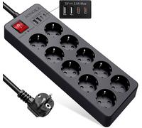 Multiprise Electrique USB C 12 Prises, Multiprise Parafoudre Jusqu'à 1700 Joules,4 Ports USB Rallonge Electrique Prise Multiple avec Interrupteur Protection Enfant Multiprise Murale 1,5M Câble,Noir