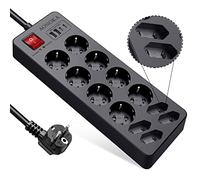 Multiprise Electrique USB C, Multiprise Parafoudre et Surtension Jusqu'à 1700 Joules, Bloc12 Prises 4 Ports USB, Prise Multiple avec Interrupteur, Protection Enfant Rallonge 1,5M Câble, Noir