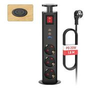 Multiprise Encastrable 2 USB C PD20W avec Interrupteur, Bloc Prise Escamotable Plan de Travail, Prise Encastrable pour Table Cuisine Bureau, 4000W/16A, Ø 60mm Câble 1,8m, Noir