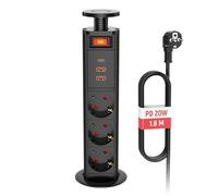 Multiprise Encastrable Bloc Escamotable, 3 Prises Avec USB C PD20W et Interrupteur, Pour Plan de Travail Cuisine Bureau, Noir, 16A, Ø 60mm Câble 1,8M