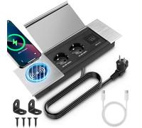 Multiprise encastrable escamotable à 2 Prises avec USB-C PD & Couvercle | prise encastrée, plateau de table, prise de table pour bureau, cuisine, bureau, table basse et table de conférence, argent
